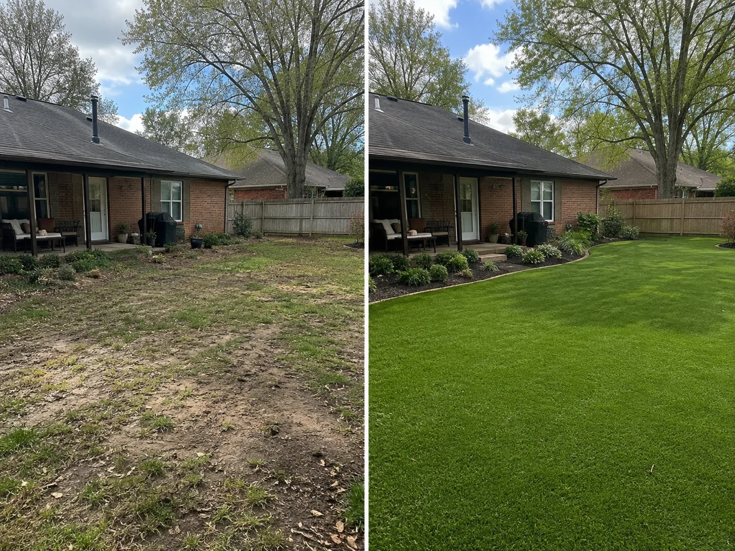 Back yard before and after artificial turf installation
