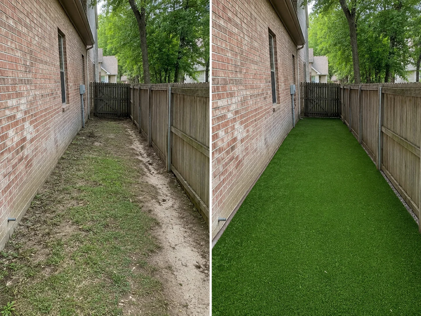 Side yard before and after synthetic grass installation