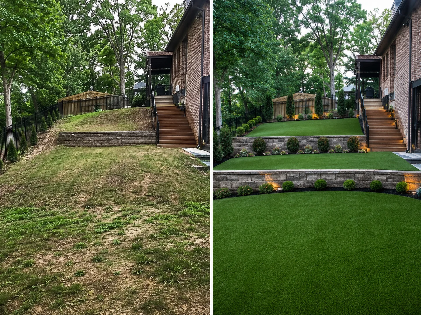 Patchy lawn before and after artificial grass installation