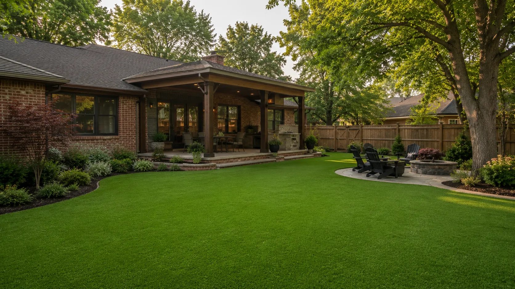 Artificial turf lawn behind a brick home in Lexington, Kentucky
