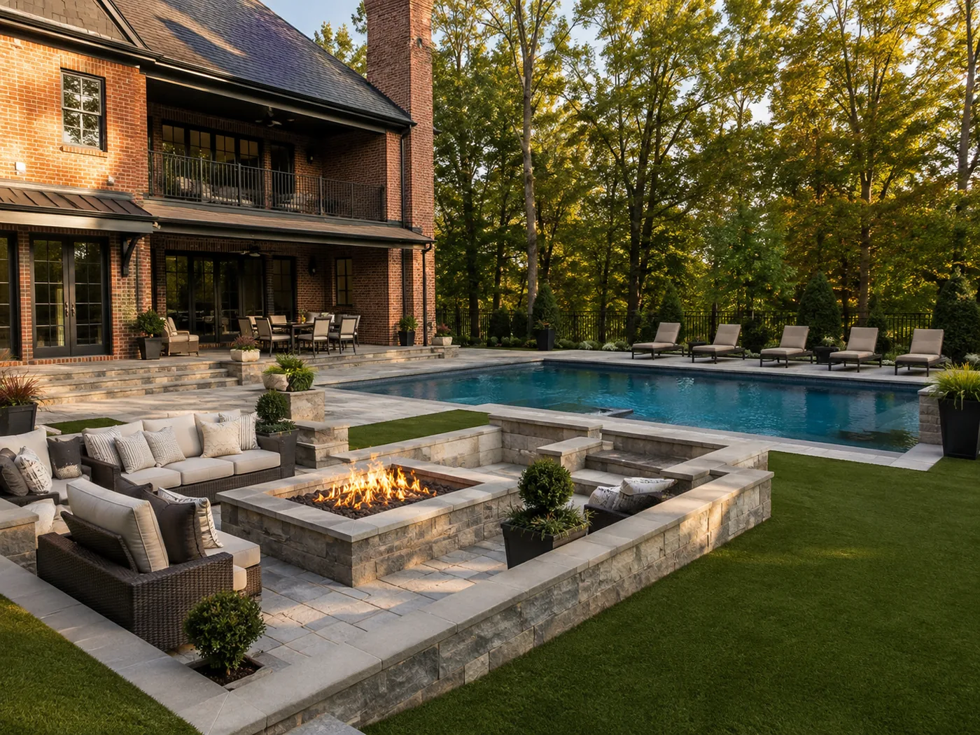 Backyard pool with turf lawn